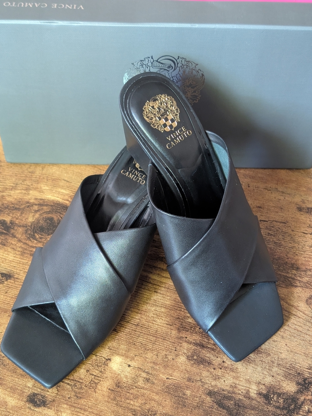 Vince Camuto Black Leather Crisscross Square-Toe Mule